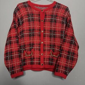 Vintage Women's Small Tartan Plaid Holiday Cardigan Button Sweater Gold Preppy